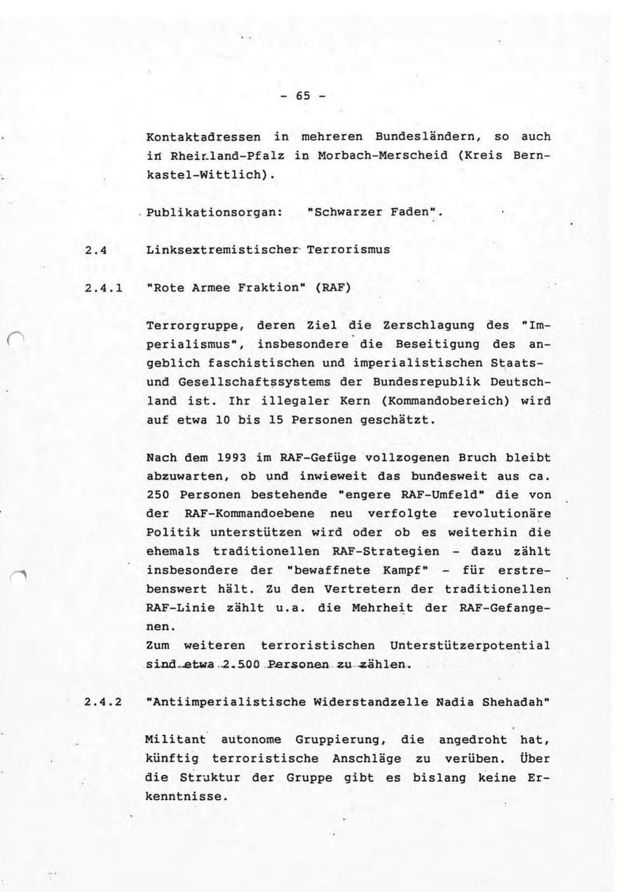 Seite 65 des Verfassungsschutzbericht 1993 Rheinland-Pfalz