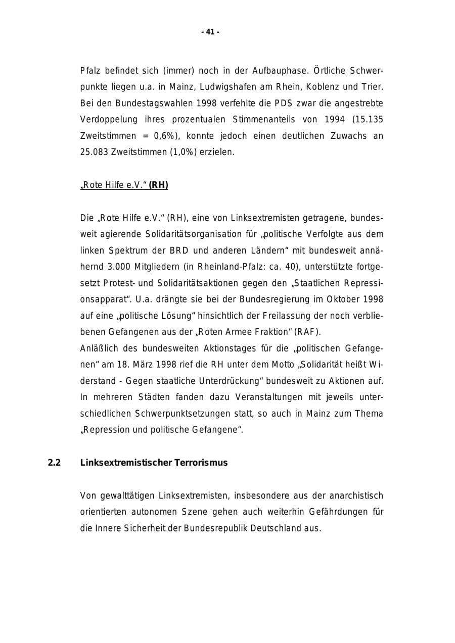 Seite 42 des Verfassungsschutzbericht 1998 Rheinland-Pfalz