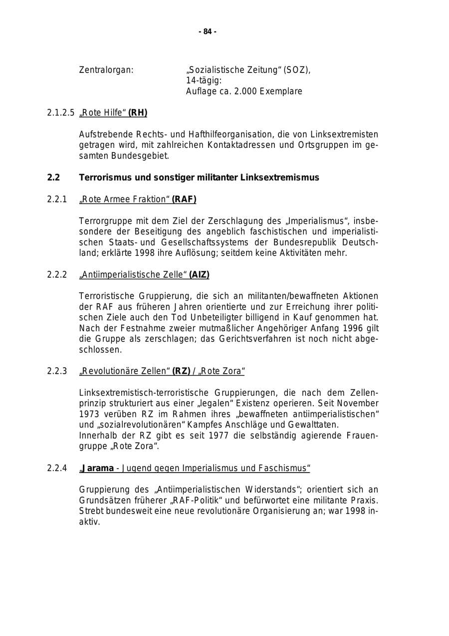 Seite 85 des Verfassungsschutzbericht 1998 Rheinland-Pfalz