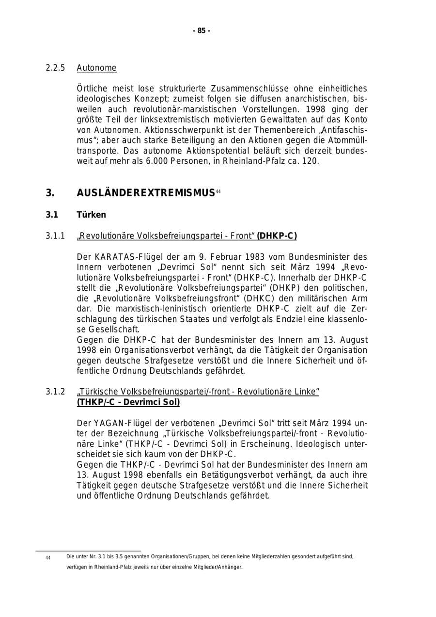Seite 86 des Verfassungsschutzbericht 1998 Rheinland-Pfalz