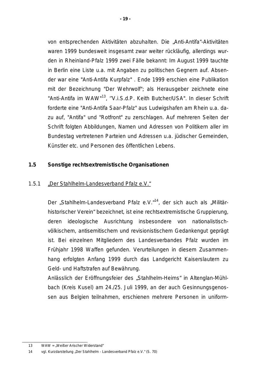 Seite 20 des Verfassungsschutzbericht 1999 Rheinland-Pfalz