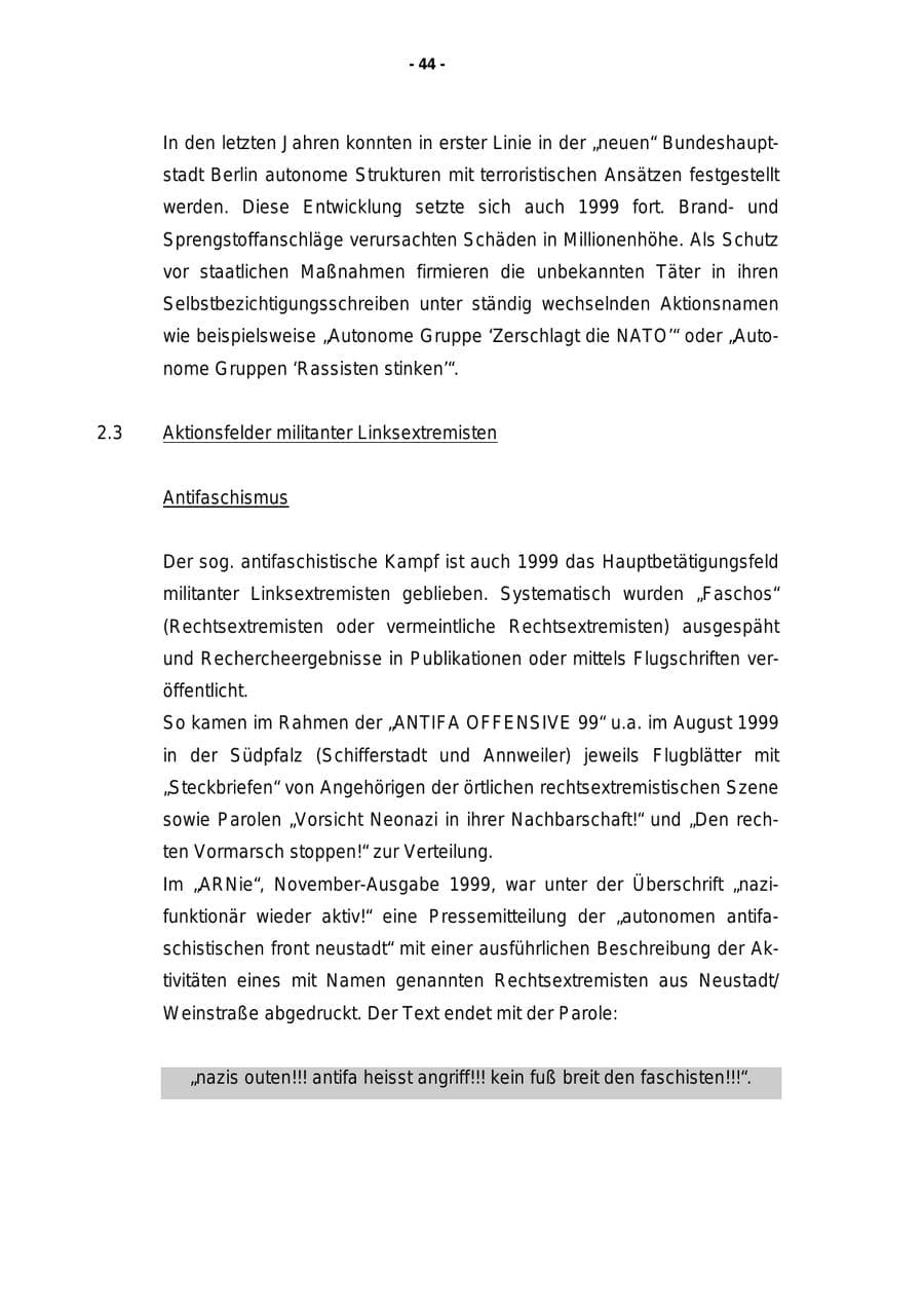 Seite 45 des Verfassungsschutzbericht 1999 Rheinland-Pfalz