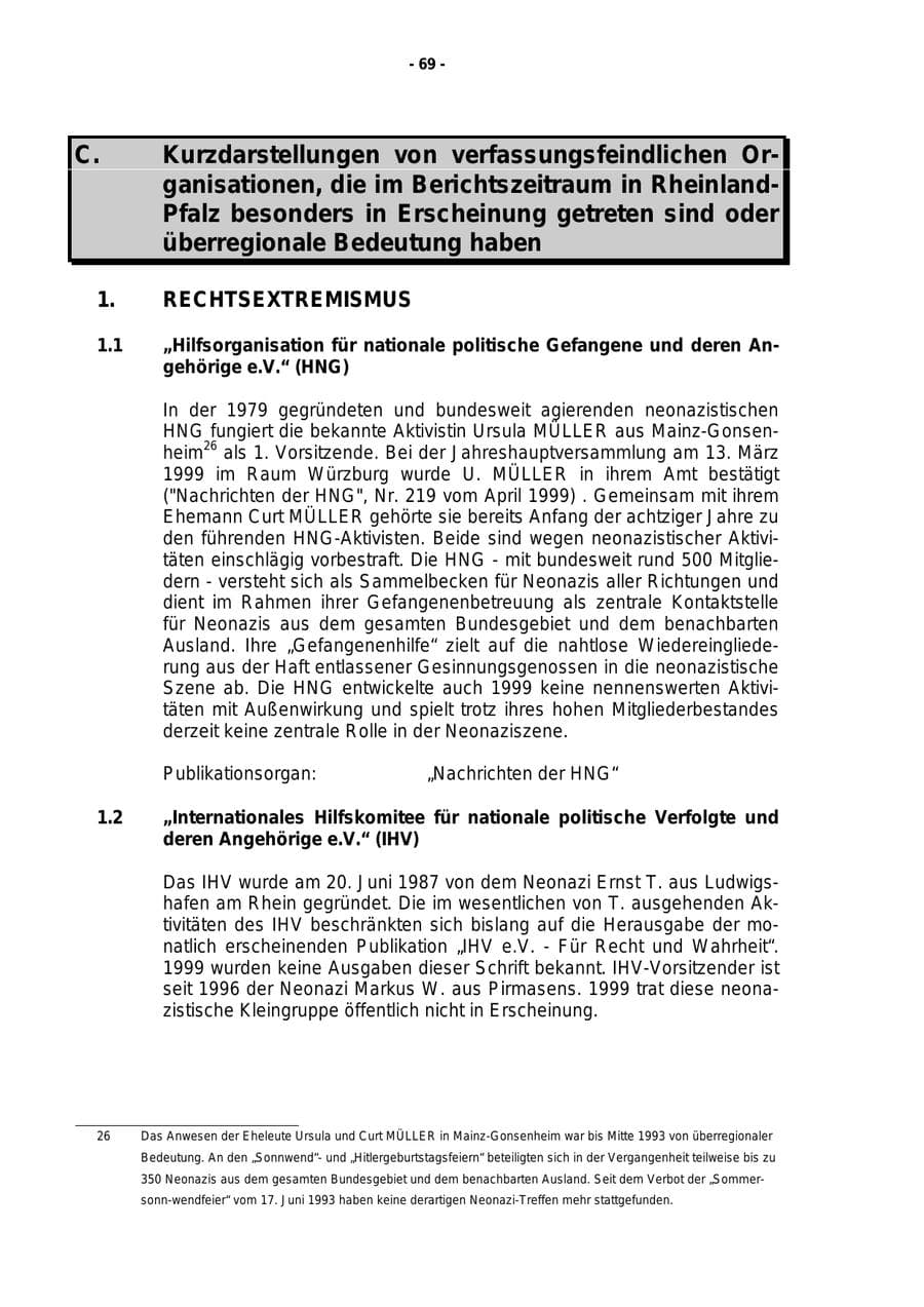 Seite 70 des Verfassungsschutzbericht 1999 Rheinland-Pfalz