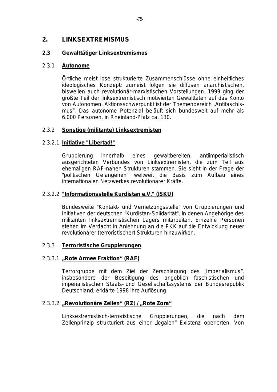Seite 76 des Verfassungsschutzbericht 2000 Rheinland-Pfalz