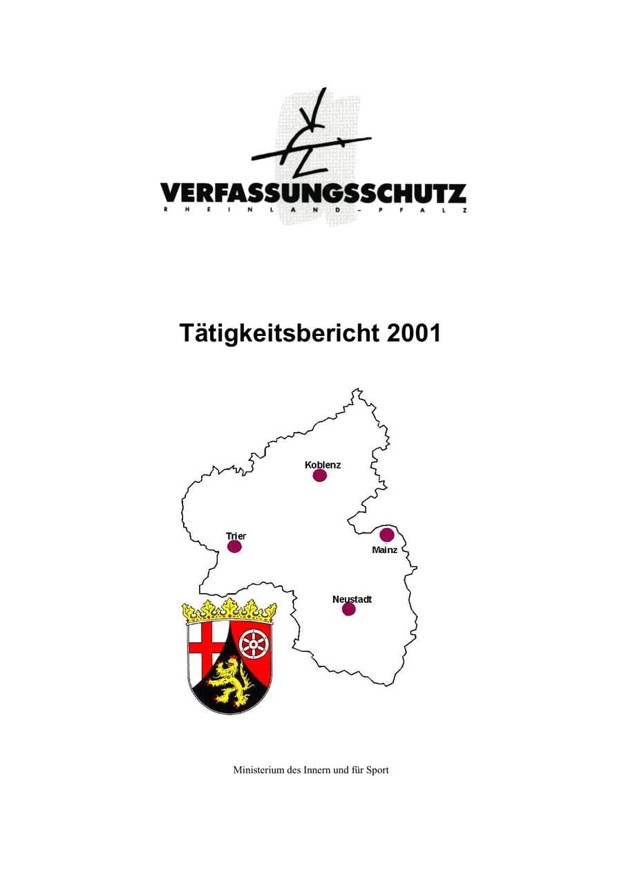 Seite 1 des Verfassungsschutzbericht 2001 Rheinland-Pfalz