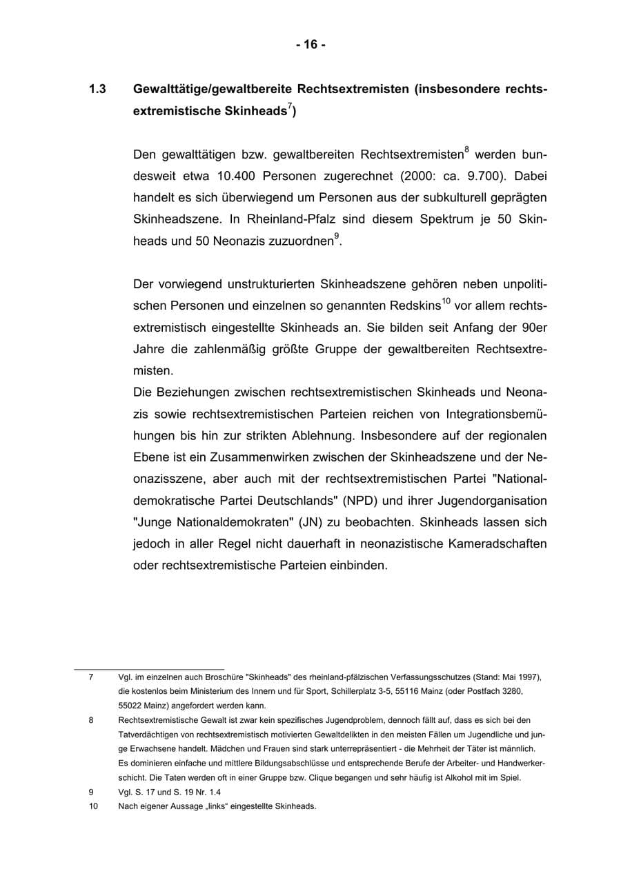Seite 18 des Verfassungsschutzbericht 2001 Rheinland-Pfalz