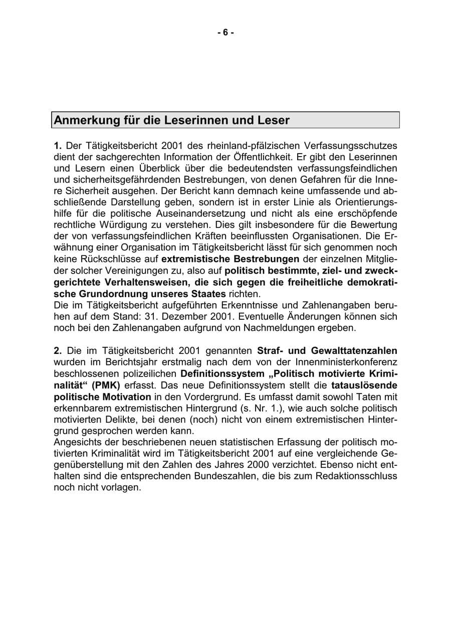 Seite 8 des Verfassungsschutzbericht 2001 Rheinland-Pfalz