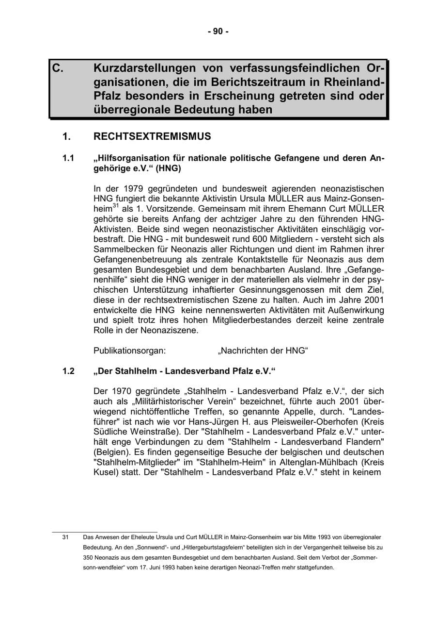 Seite 92 des Verfassungsschutzbericht 2001 Rheinland-Pfalz