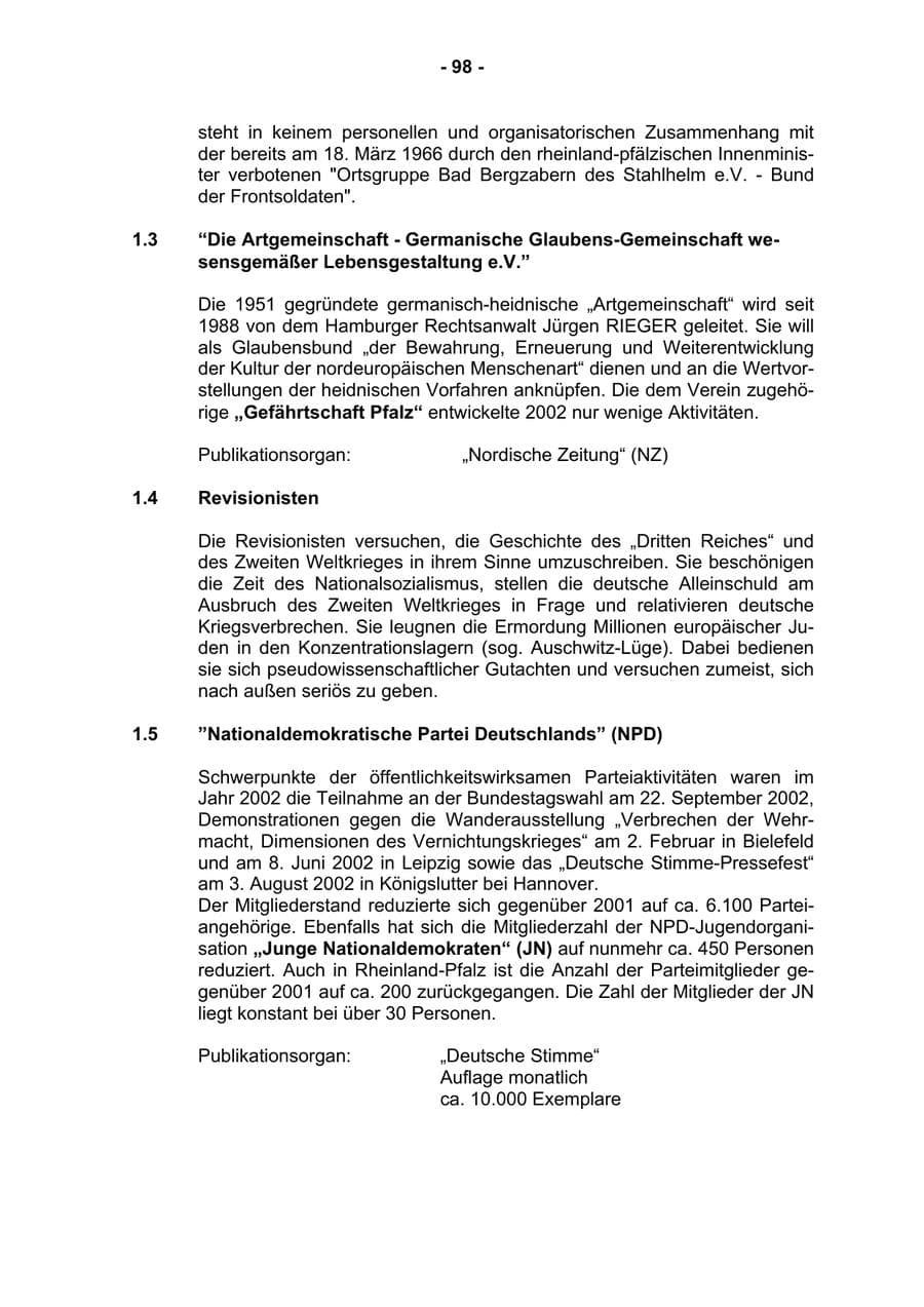 Seite 100 des Verfassungsschutzbericht 2002 Rheinland-Pfalz