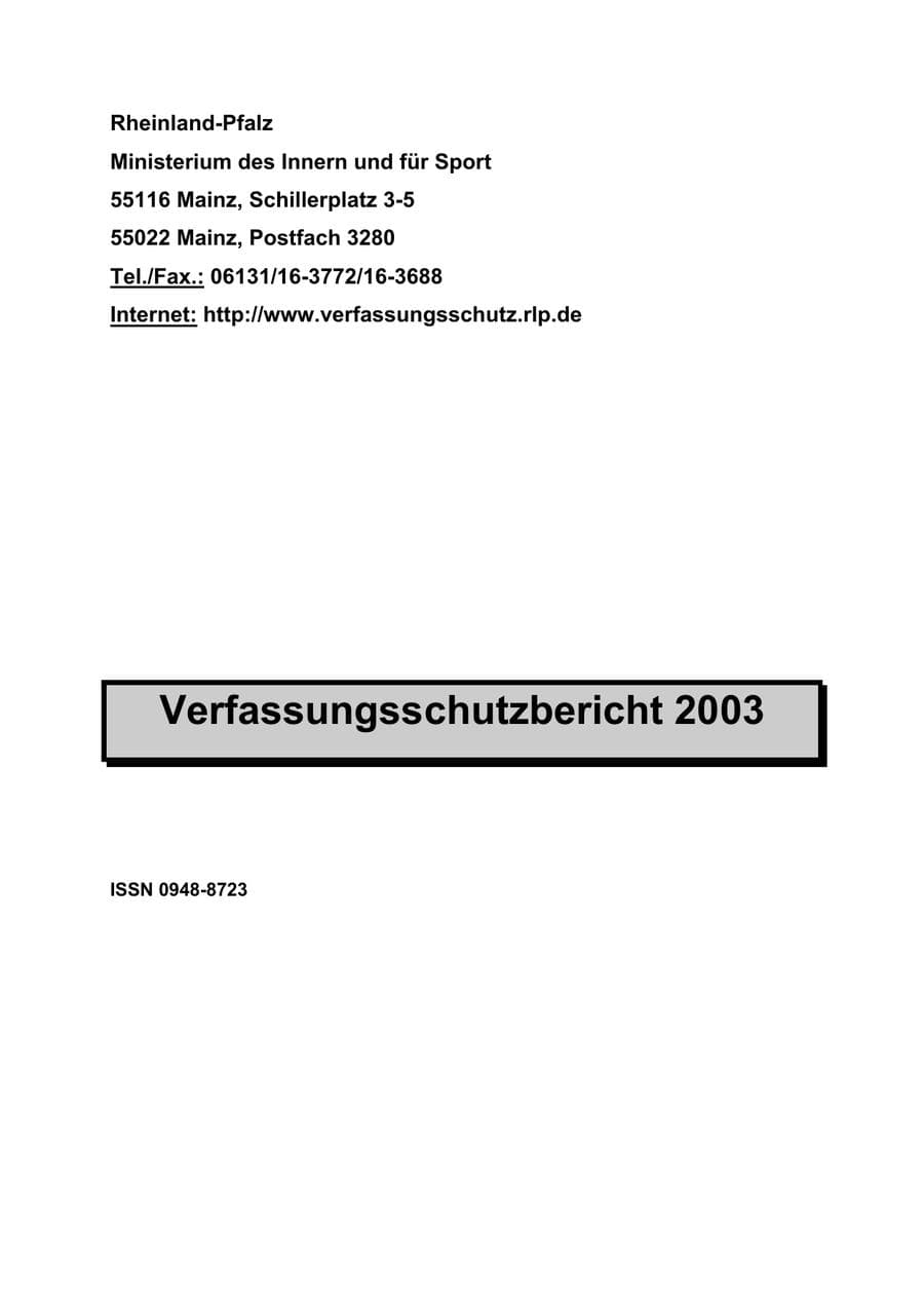 Seite 1 des Verfassungsschutzbericht 2003 Rheinland-Pfalz