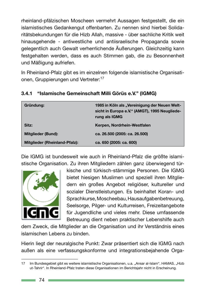 Seite 74 des Verfassungsschutzbericht 2006 Rheinland-Pfalz
