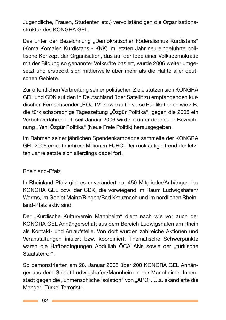 Seite 92 des Verfassungsschutzbericht 2006 Rheinland-Pfalz