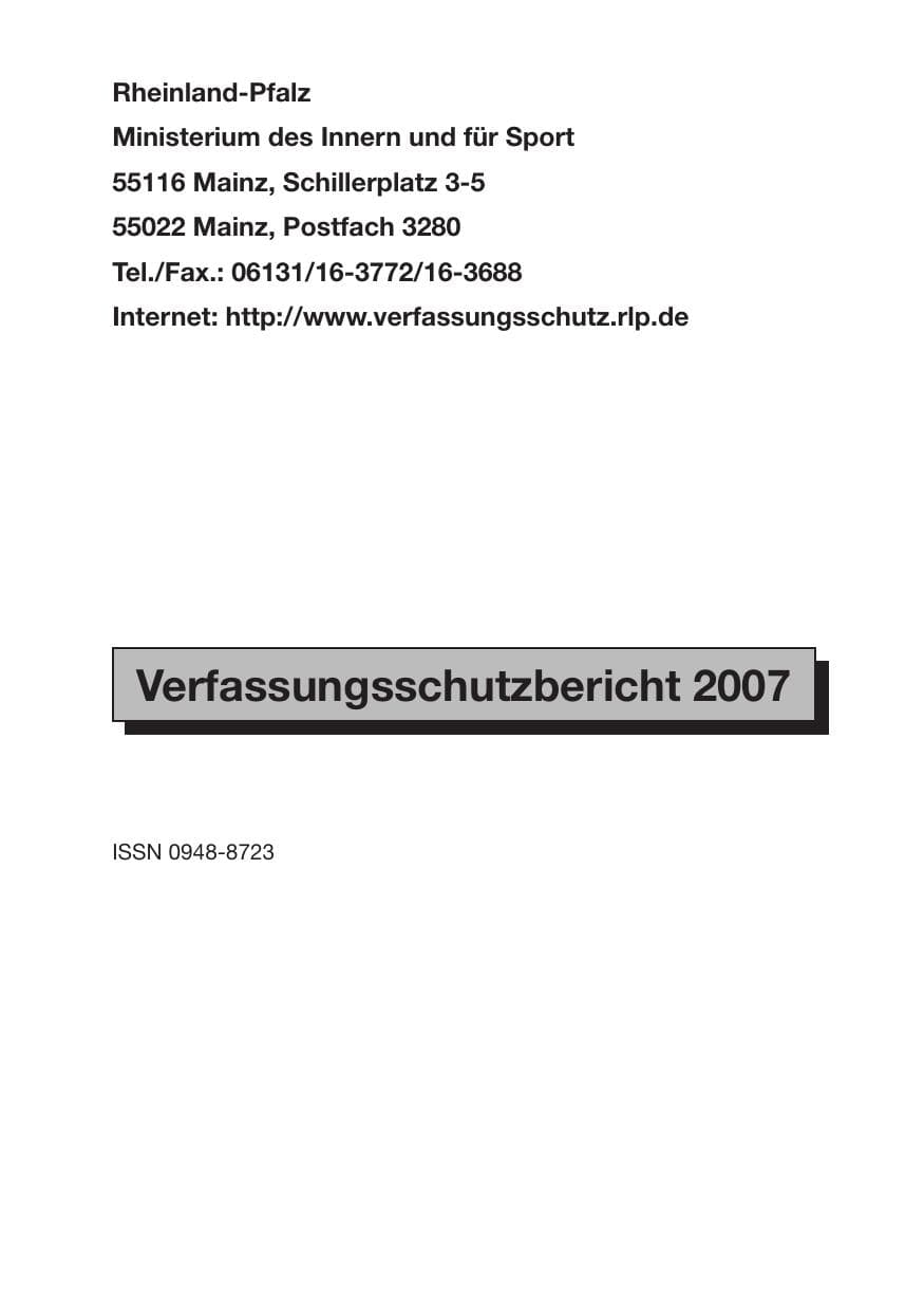 Seite 2 des Verfassungsschutzbericht 2007 Rheinland-Pfalz