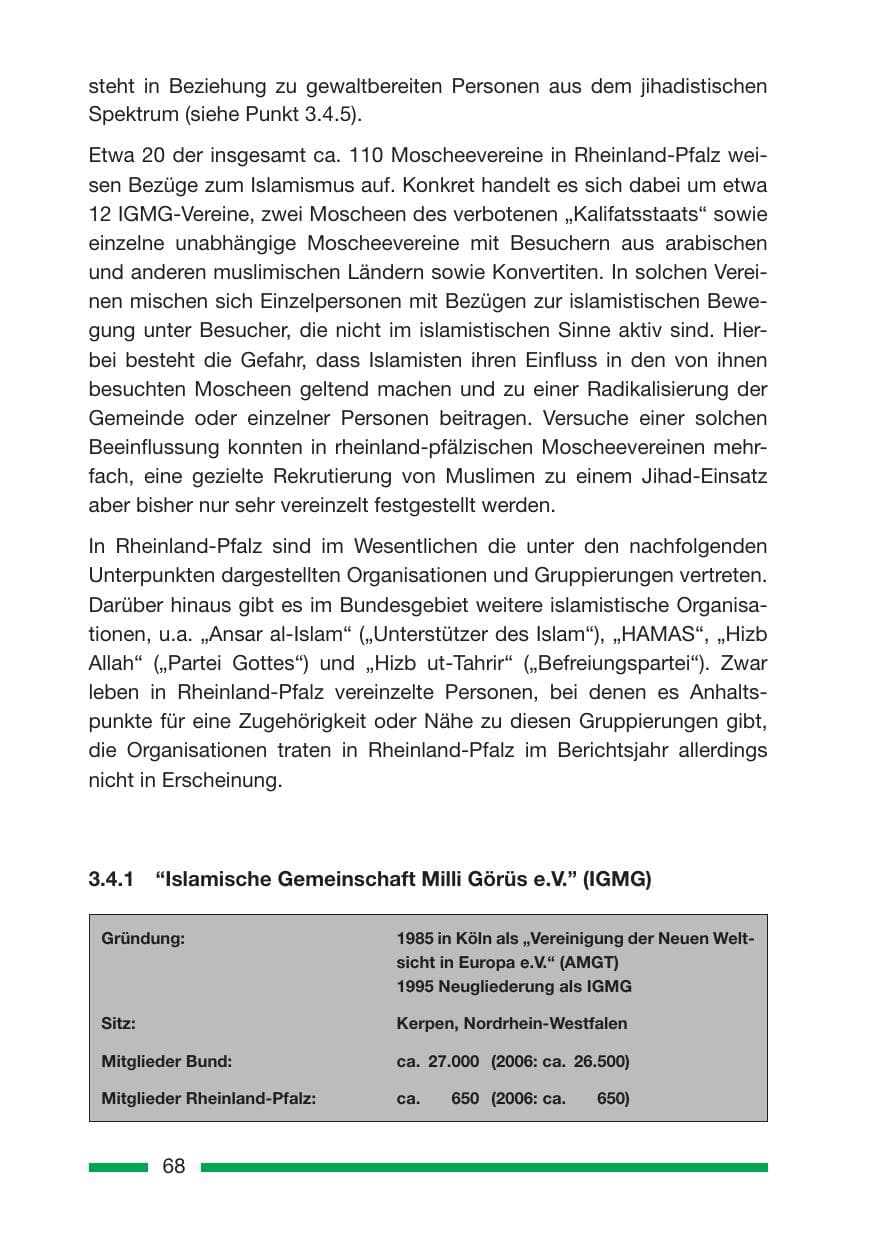 Seite 68 des Verfassungsschutzbericht 2007 Rheinland-Pfalz