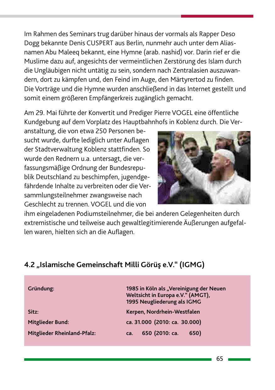Seite 67 des Verfassungsschutzbericht 2011 Rheinland-Pfalz