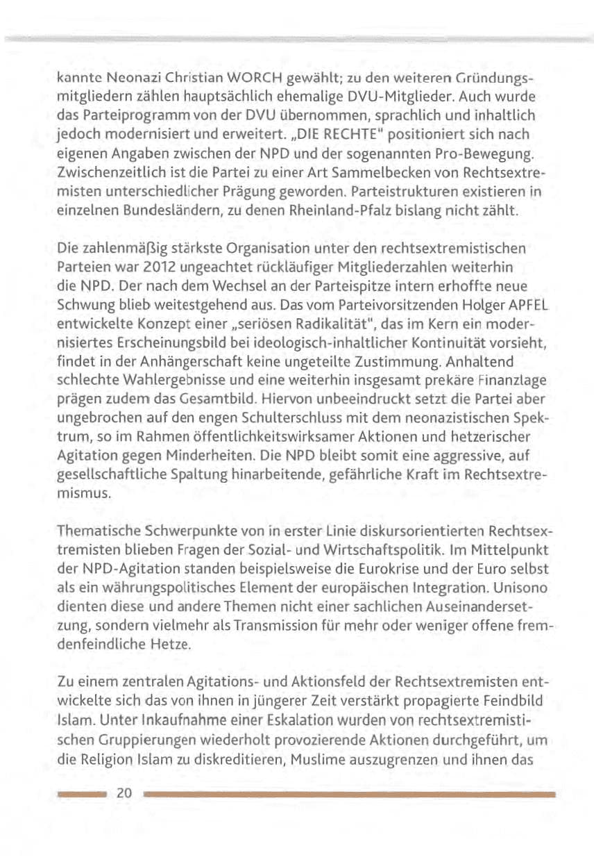 Seite 20 des Verfassungsschutzbericht 2012 Rheinland-Pfalz