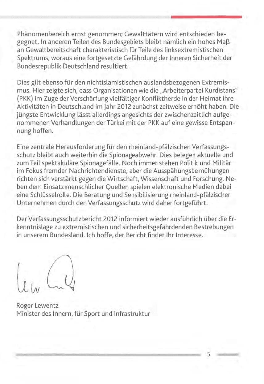 Seite 5 des Verfassungsschutzbericht 2012 Rheinland-Pfalz