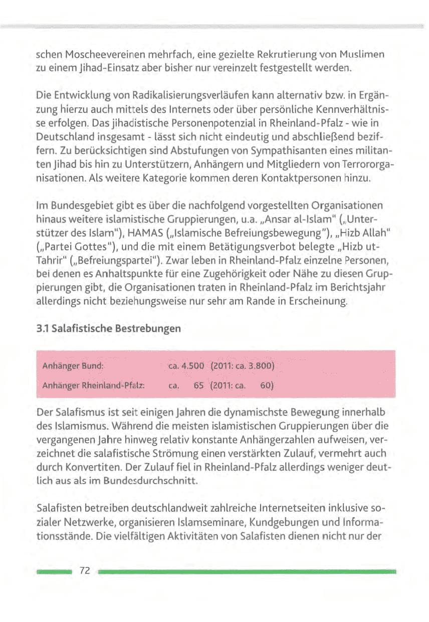 Seite 72 des Verfassungsschutzbericht 2012 Rheinland-Pfalz