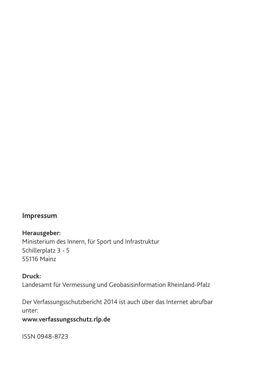 Seite 2 des Verfassungsschutzbericht 2014 Rheinland-Pfalz