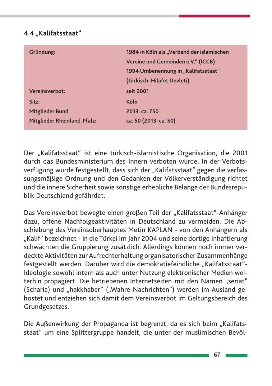 Seite 69 des Verfassungsschutzbericht 2014 Rheinland-Pfalz