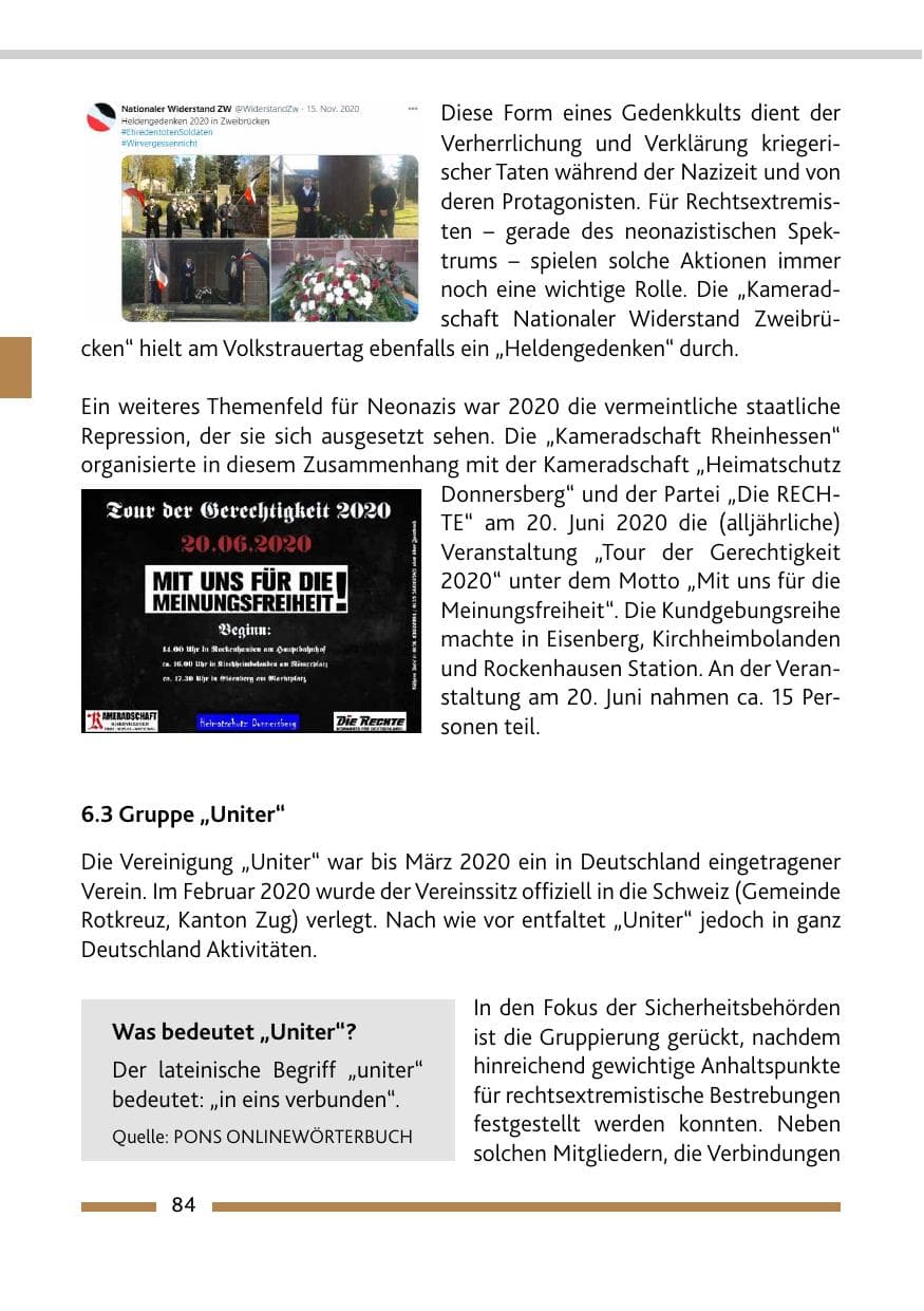 Seite 86 des Verfassungsschutzbericht 2020 Rheinland-Pfalz