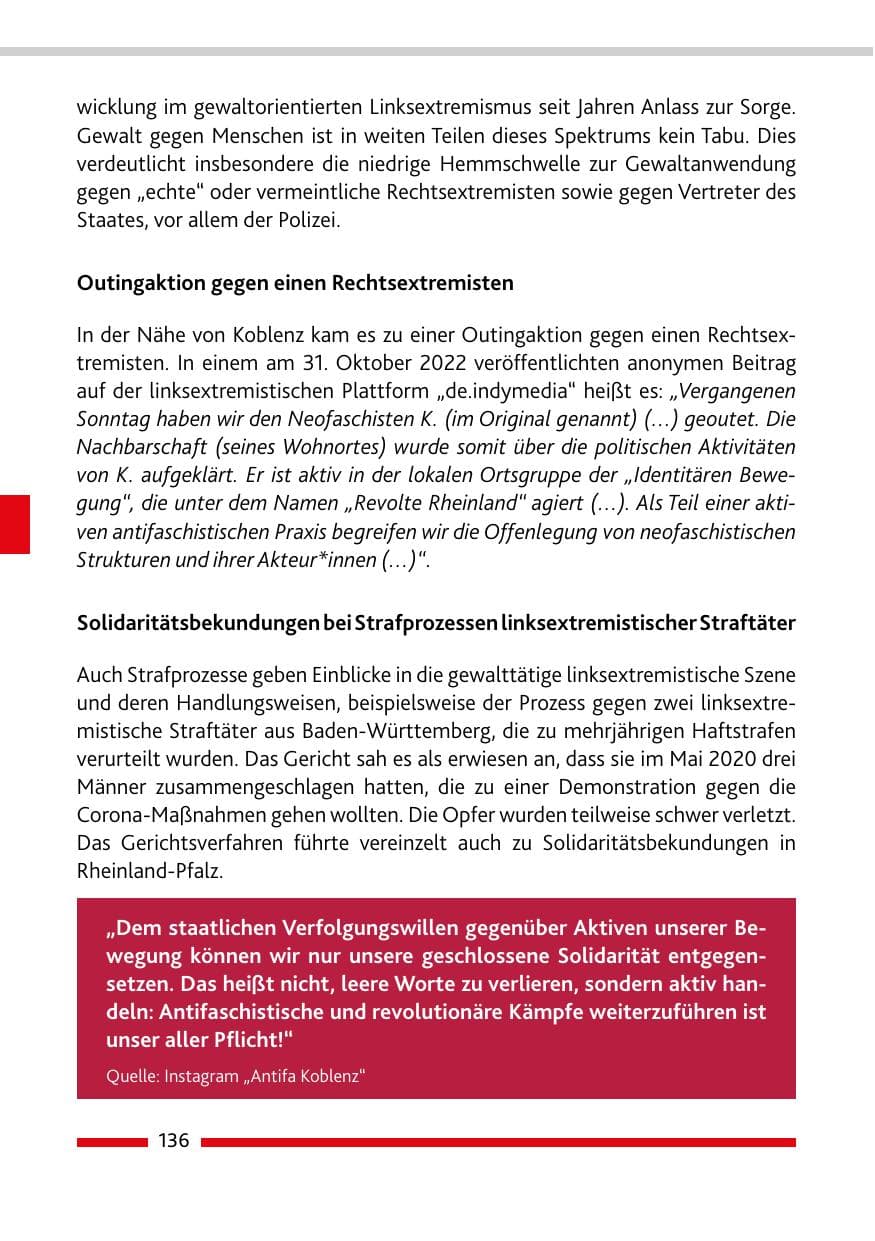 Seite 138 des Verfassungsschutzbericht 2022 Rheinland-Pfalz