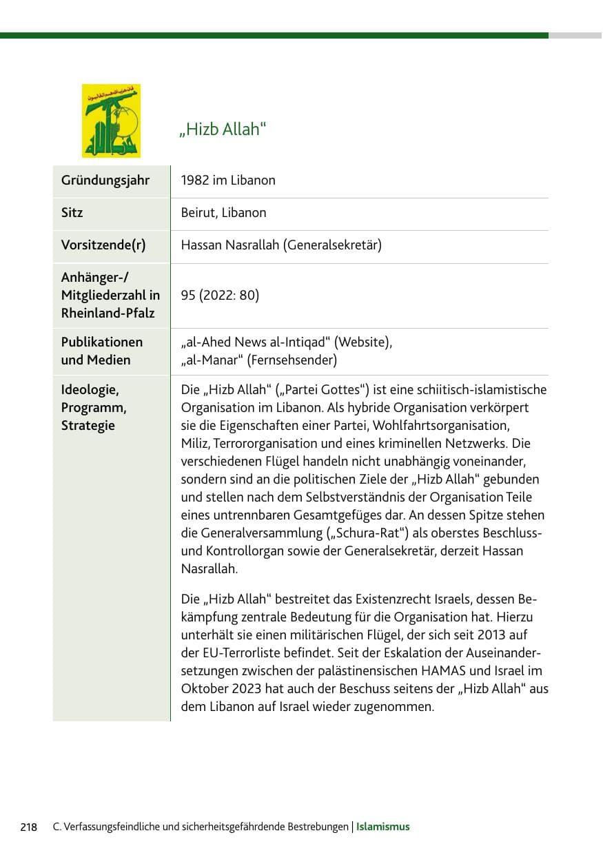 Seite 218 des Verfassungsschutzbericht 2023 Rheinland-Pfalz