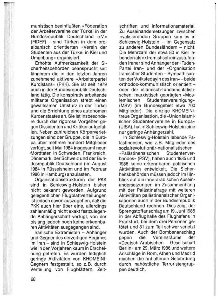 Seite 70 des Verfassungsschutzbericht 1985 Schleswig-Holstein