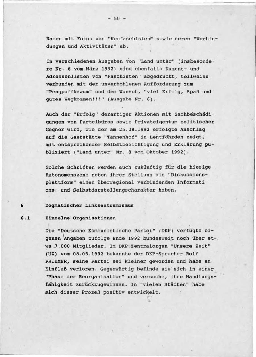 Seite 54 des Verfassungsschutzbericht 1992 Schleswig-Holstein