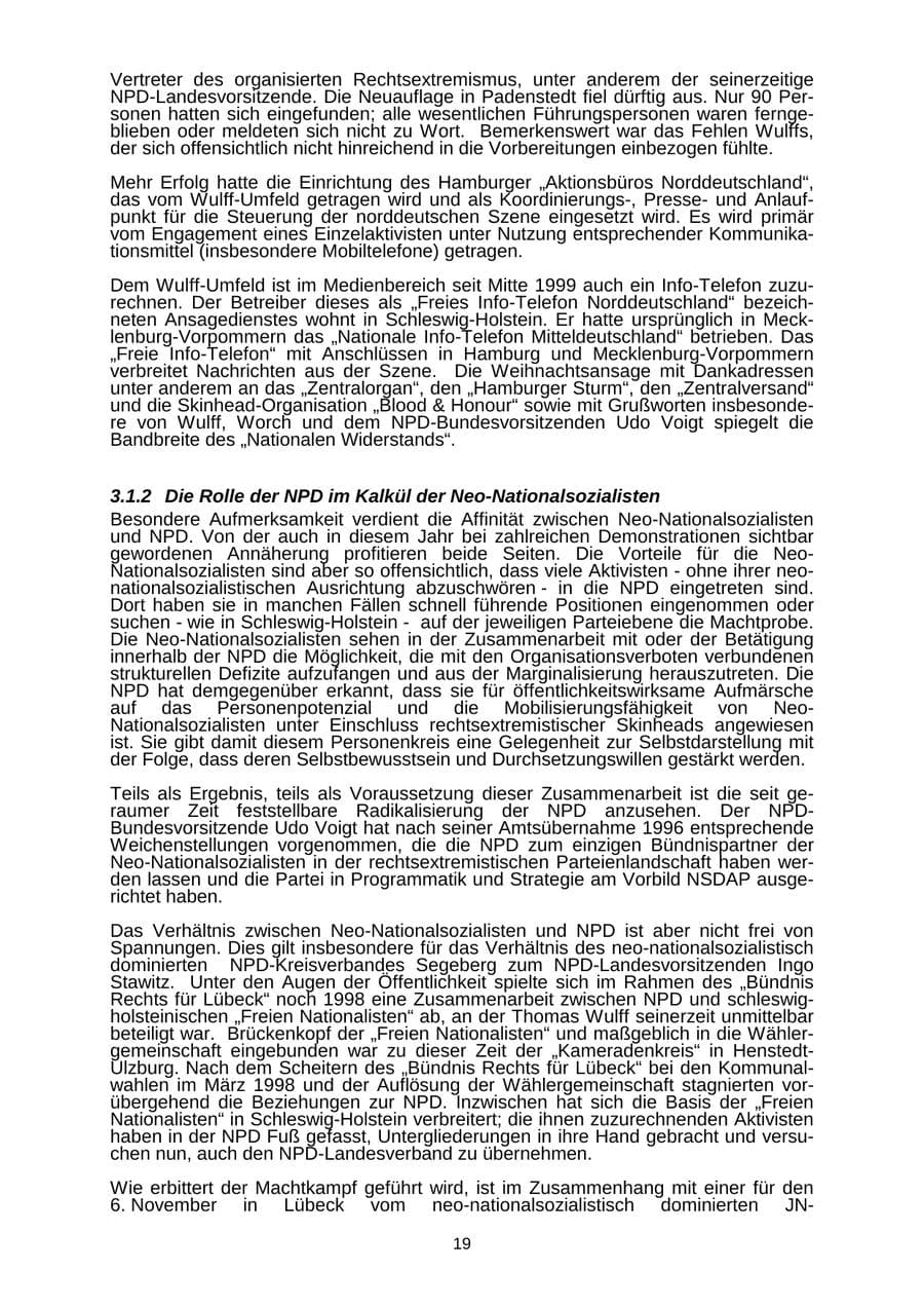 Seite 19 des Verfassungsschutzbericht 1999 Schleswig-Holstein