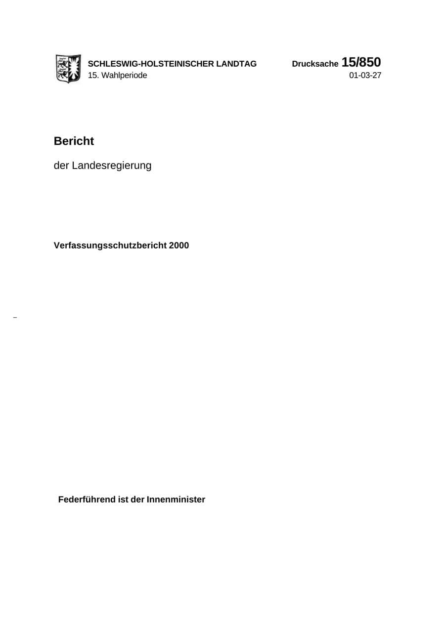 Seite 1 des Verfassungsschutzbericht 2000 Schleswig-Holstein