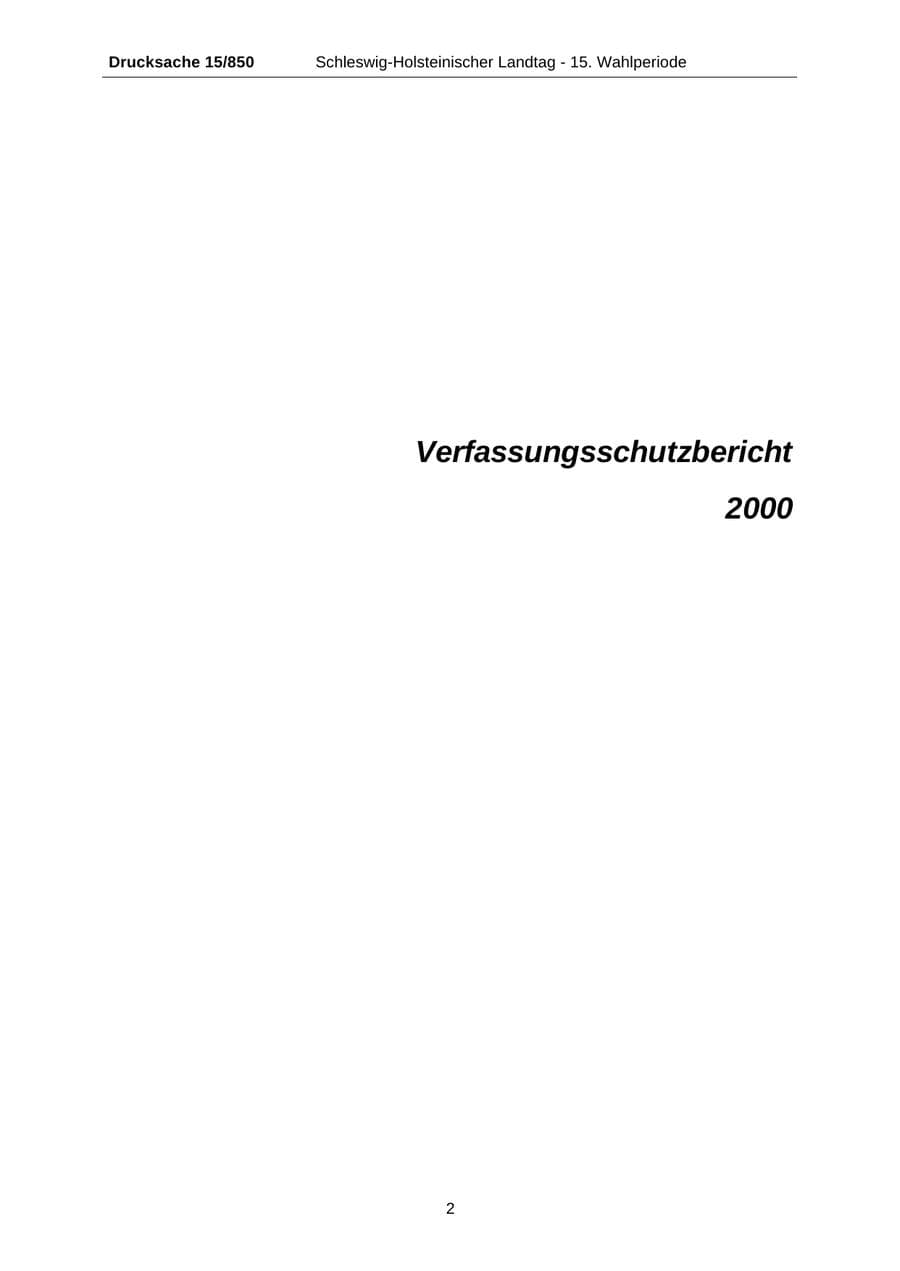 Seite 2 des Verfassungsschutzbericht 2000 Schleswig-Holstein