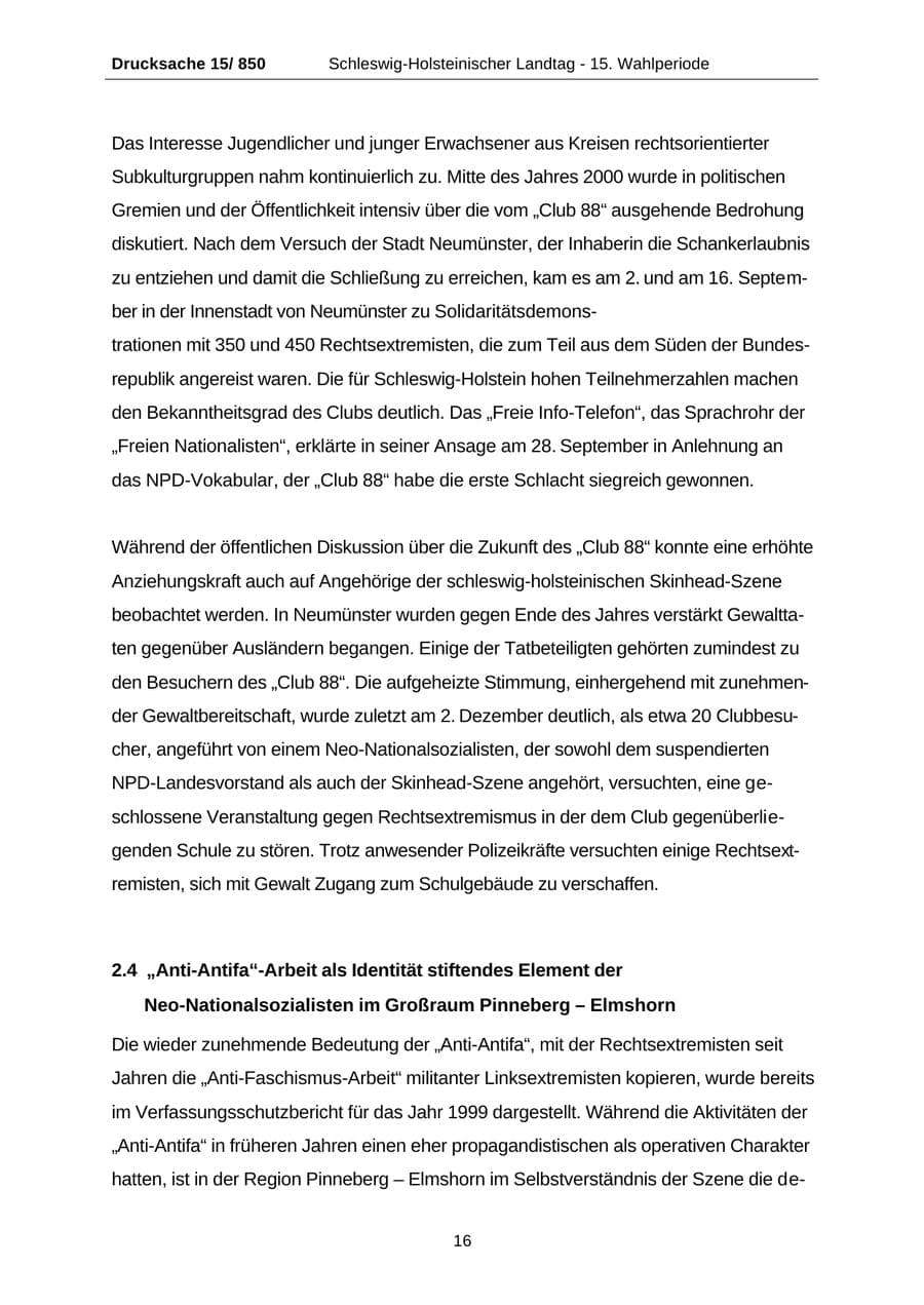 Seite 16 des Verfassungsschutzbericht 2000 Schleswig-Holstein