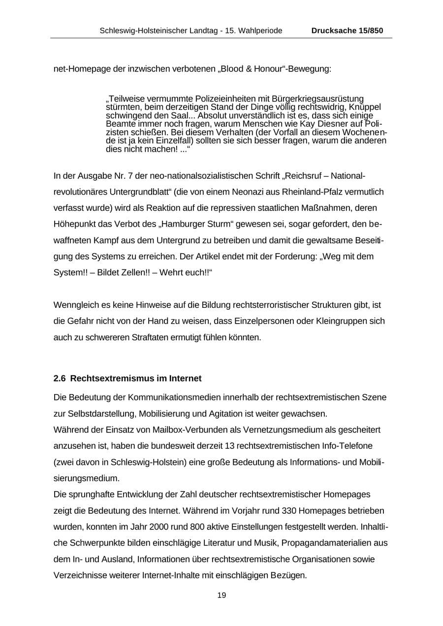 Seite 19 des Verfassungsschutzbericht 2000 Schleswig-Holstein