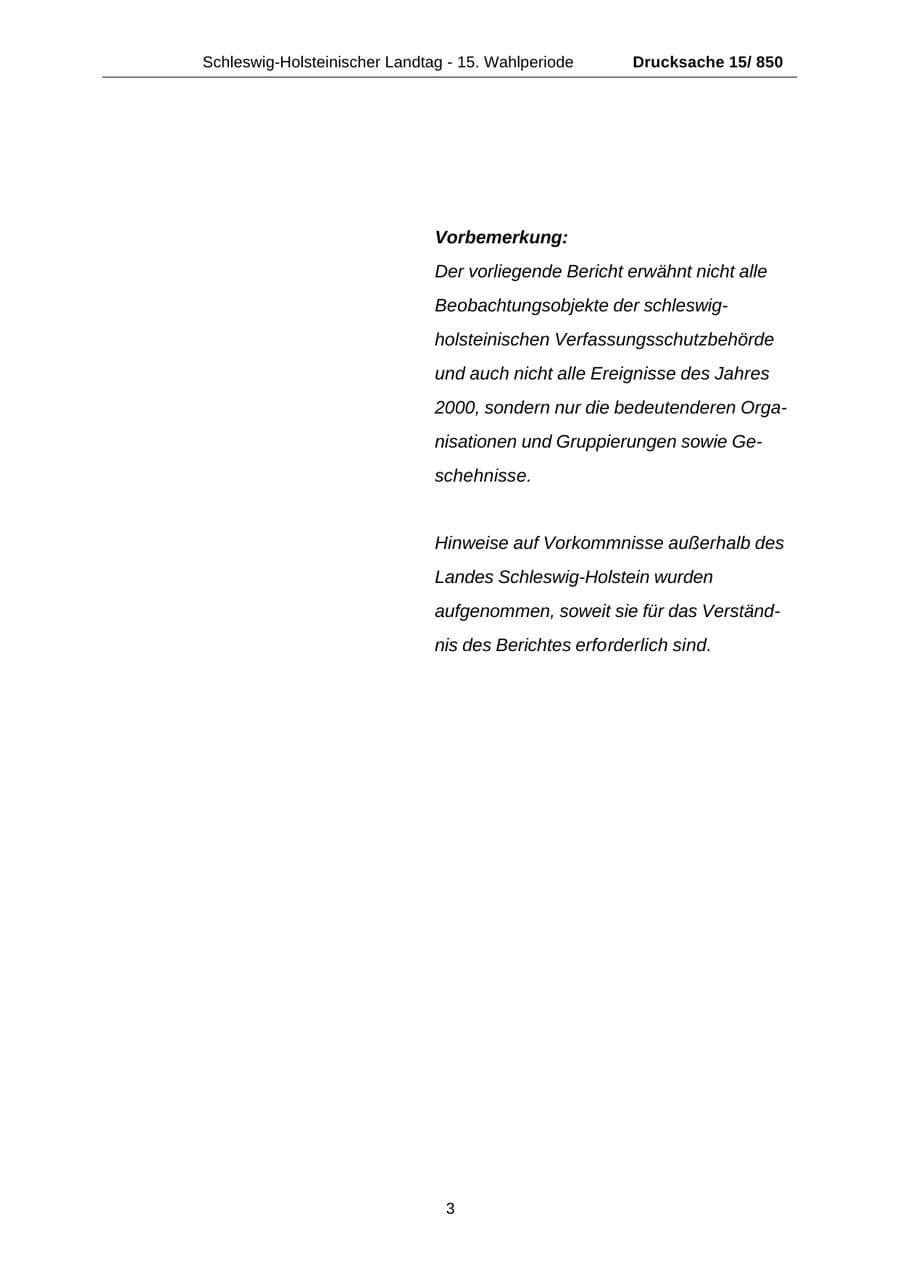 Seite 3 des Verfassungsschutzbericht 2000 Schleswig-Holstein