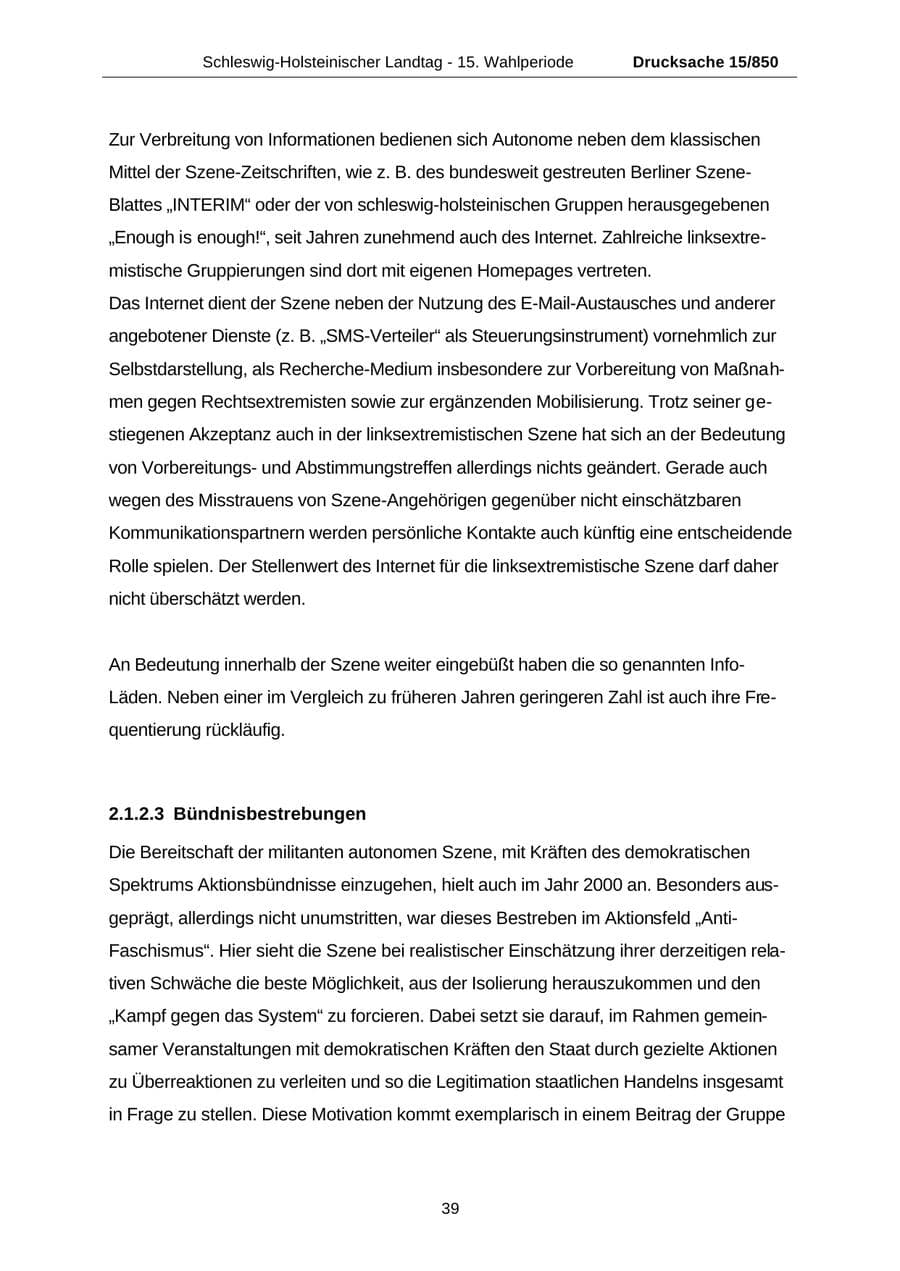 Seite 39 des Verfassungsschutzbericht 2000 Schleswig-Holstein