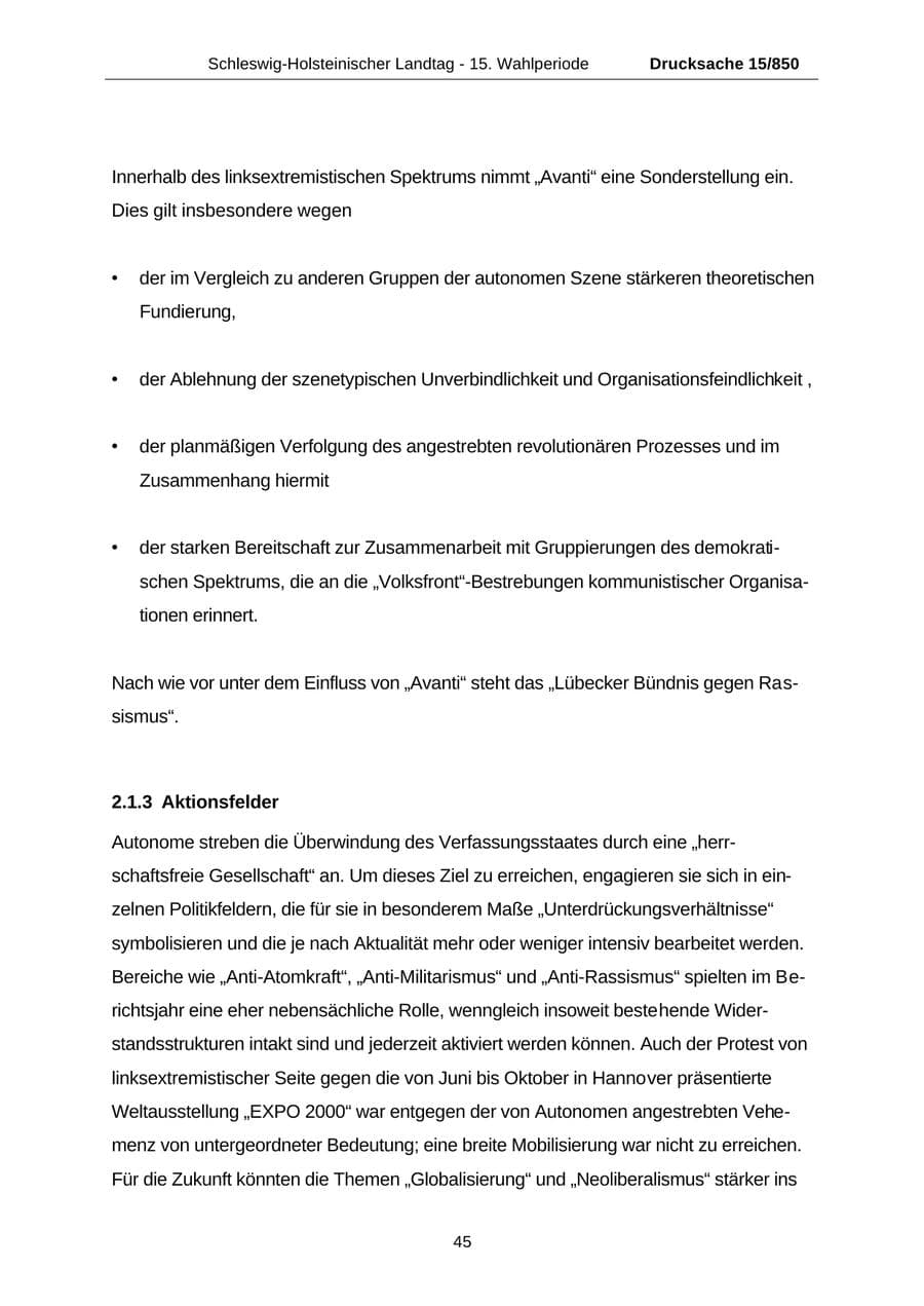 Seite 45 des Verfassungsschutzbericht 2000 Schleswig-Holstein