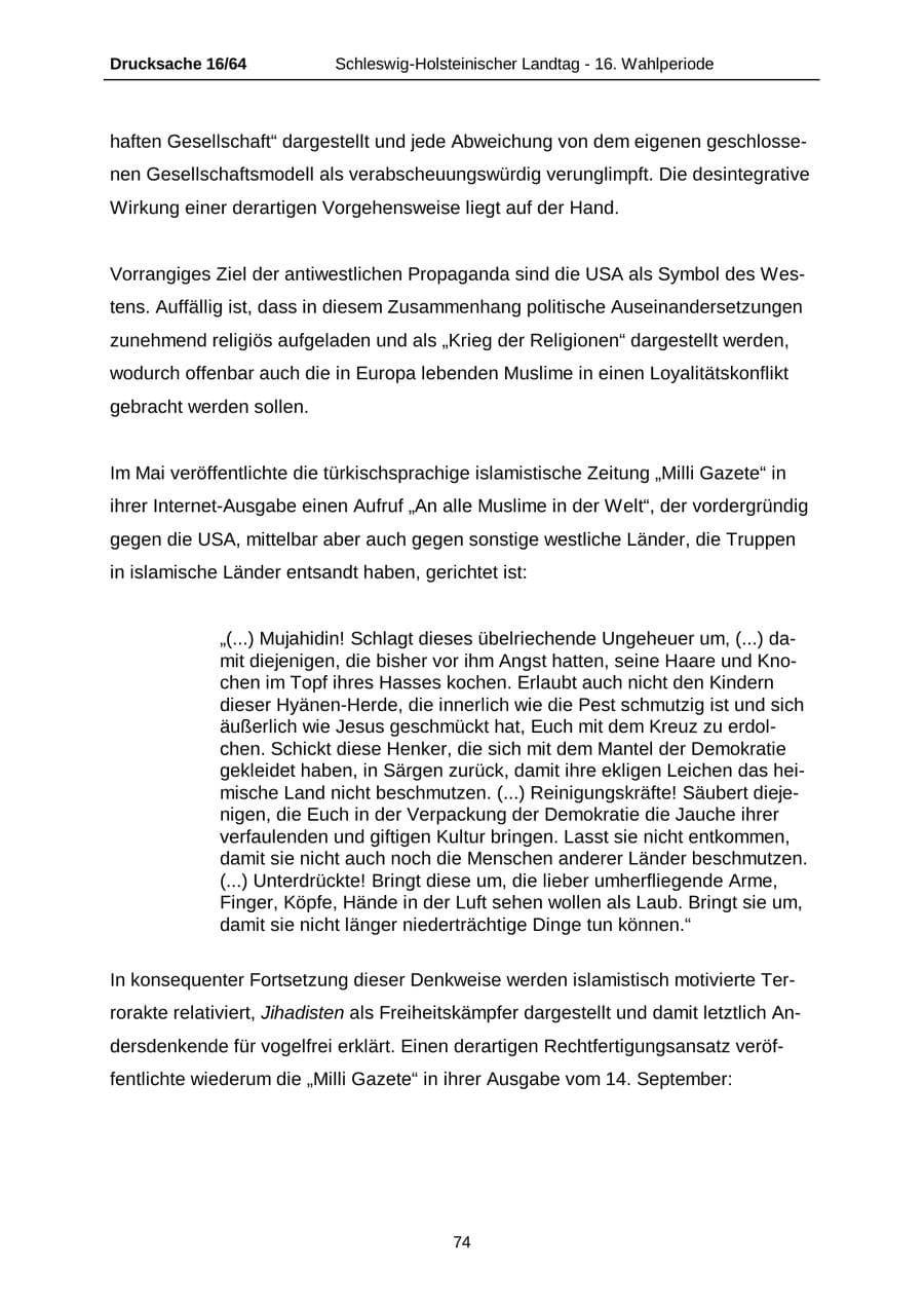 Seite 74 des Verfassungsschutzbericht 2004 Schleswig-Holstein