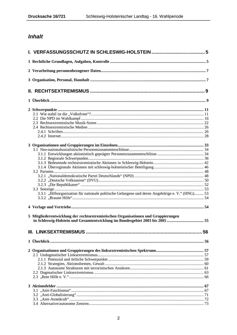 Seite 2 des Verfassungsschutzbericht 2005 Schleswig-Holstein