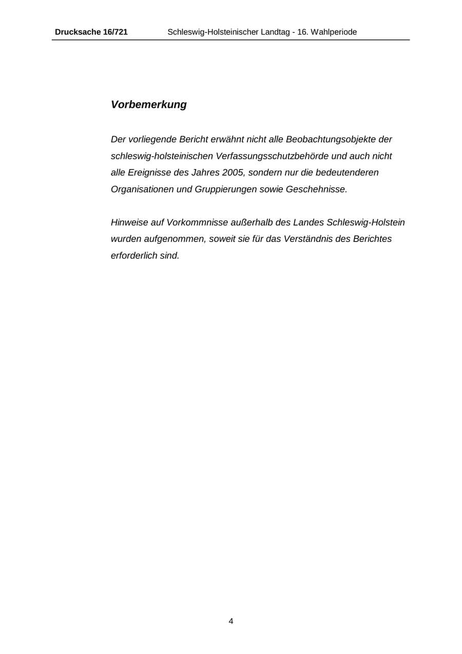 Seite 4 des Verfassungsschutzbericht 2005 Schleswig-Holstein