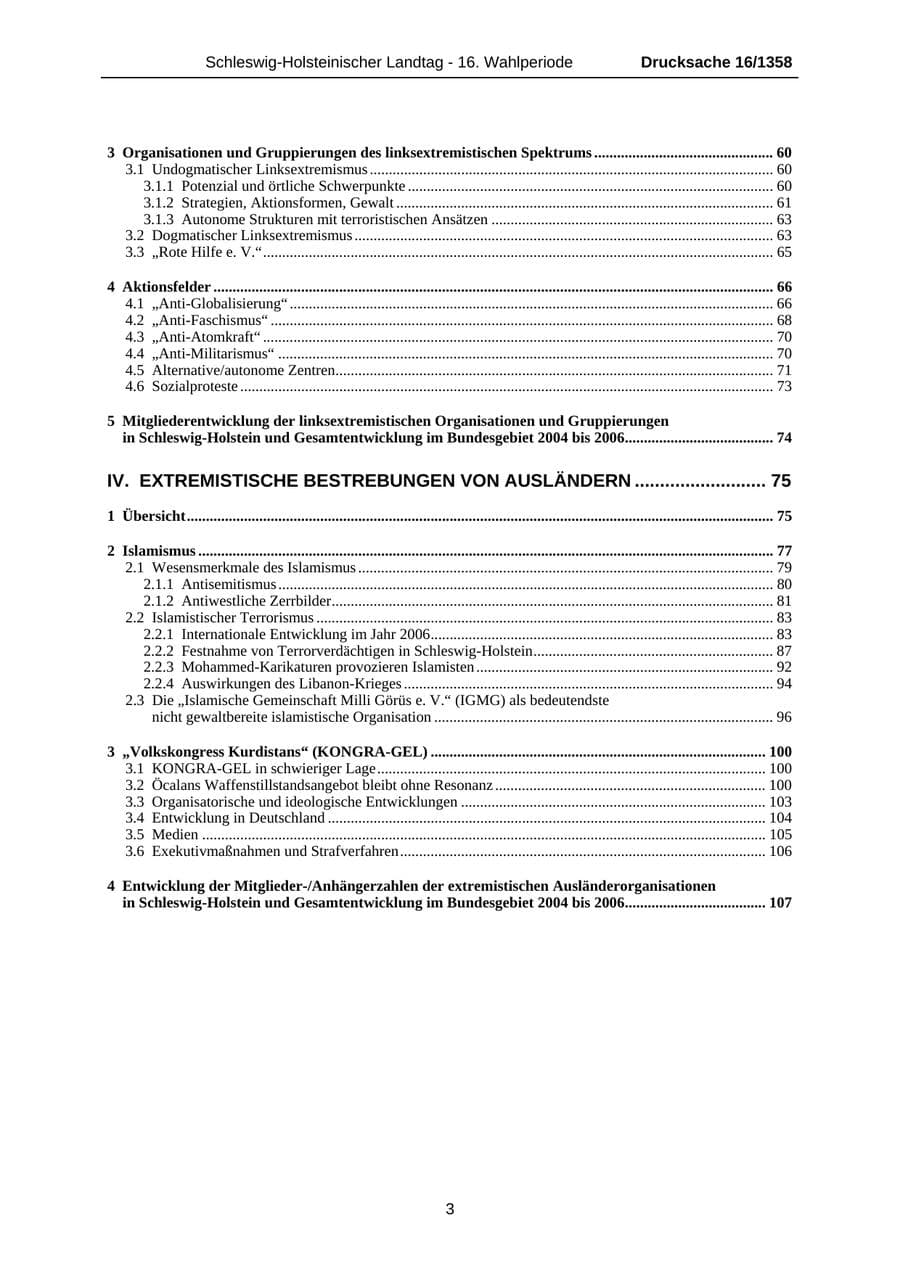 Seite 3 des Verfassungsschutzbericht 2006 Schleswig-Holstein