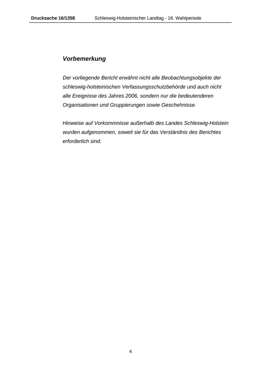 Seite 4 des Verfassungsschutzbericht 2006 Schleswig-Holstein