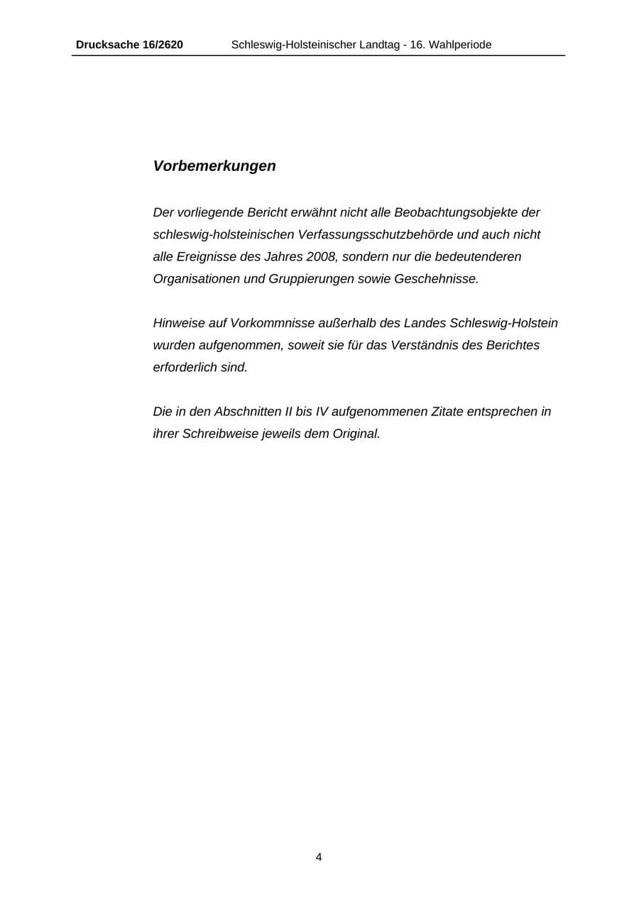 Seite 4 des Verfassungsschutzbericht 2008 Schleswig-Holstein