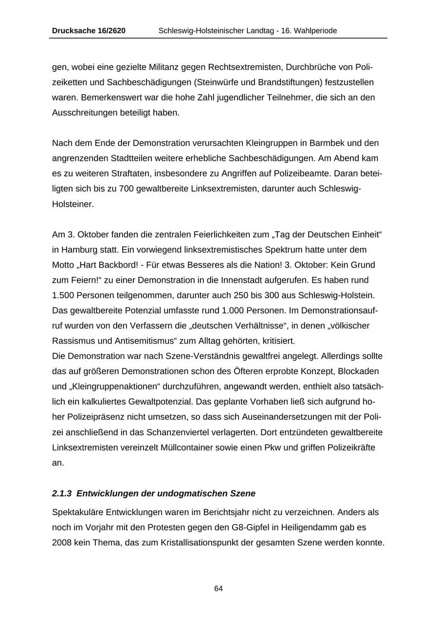 Seite 64 des Verfassungsschutzbericht 2008 Schleswig-Holstein