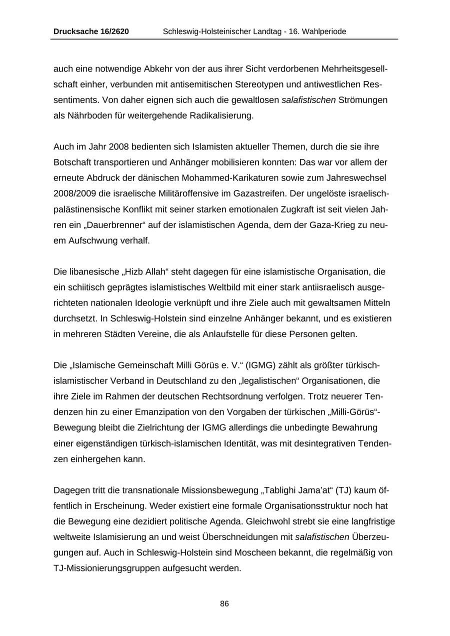 Seite 86 des Verfassungsschutzbericht 2008 Schleswig-Holstein