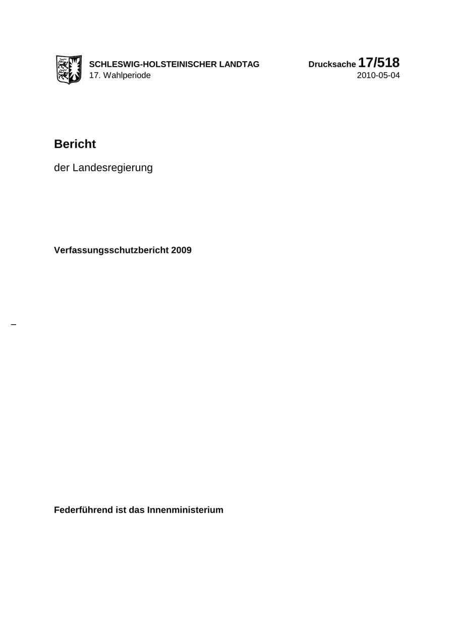 Seite 1 des Verfassungsschutzbericht 2009 Schleswig-Holstein