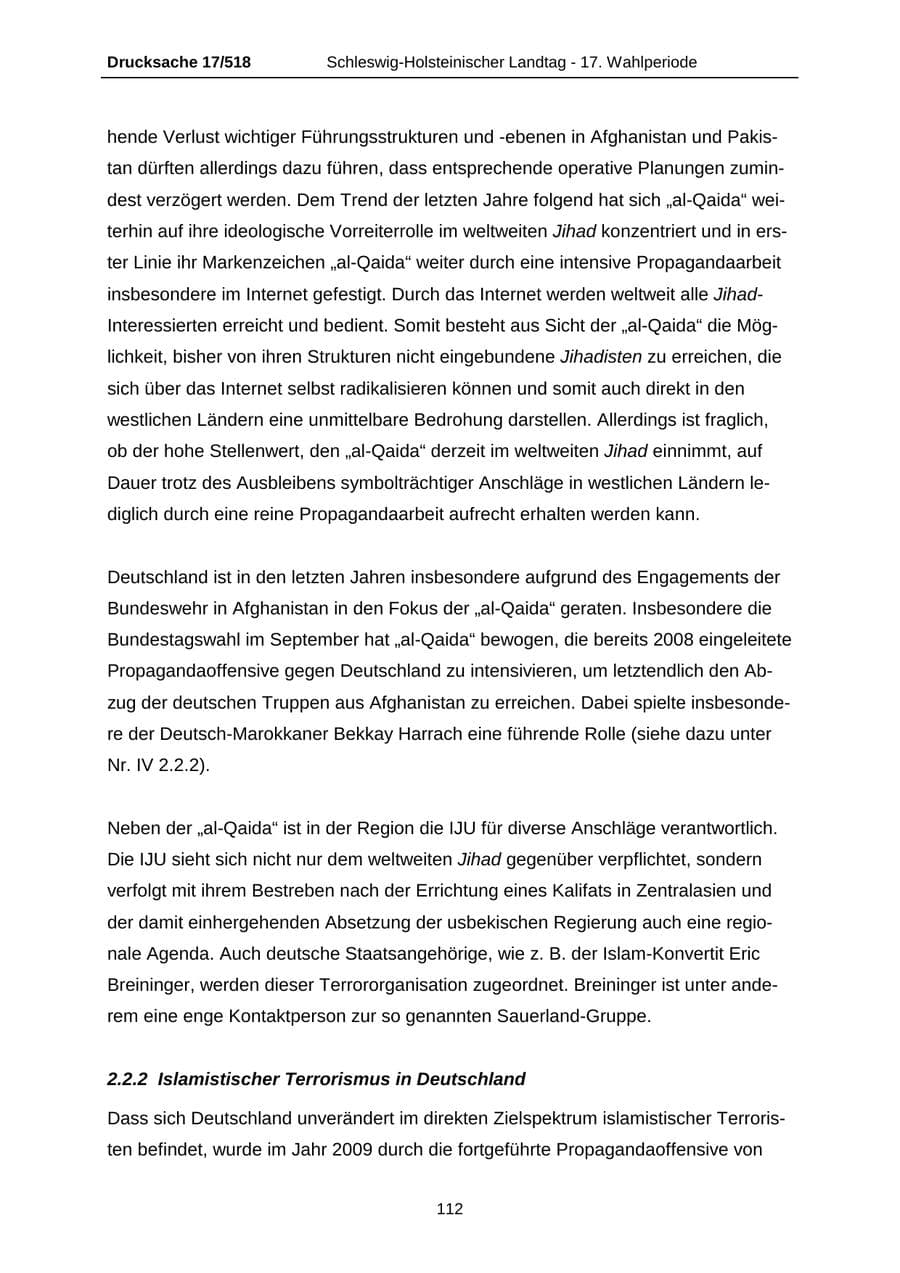 Seite 112 des Verfassungsschutzbericht 2009 Schleswig-Holstein