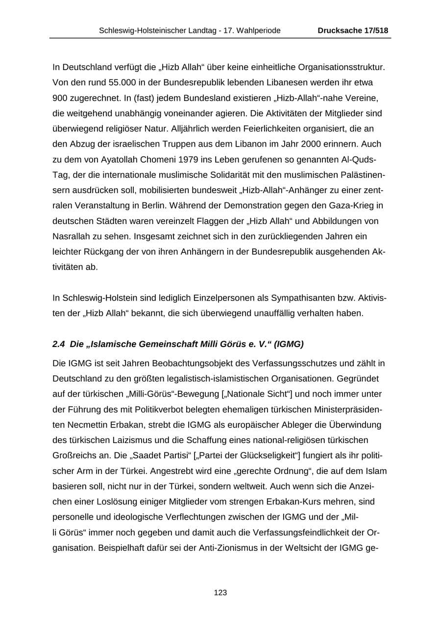 Seite 123 des Verfassungsschutzbericht 2009 Schleswig-Holstein