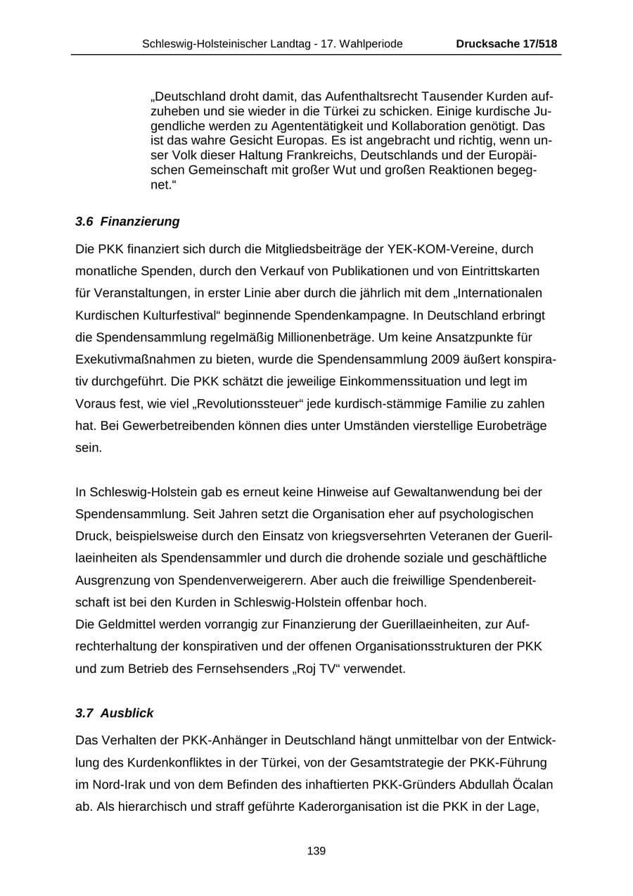 Seite 139 des Verfassungsschutzbericht 2009 Schleswig-Holstein