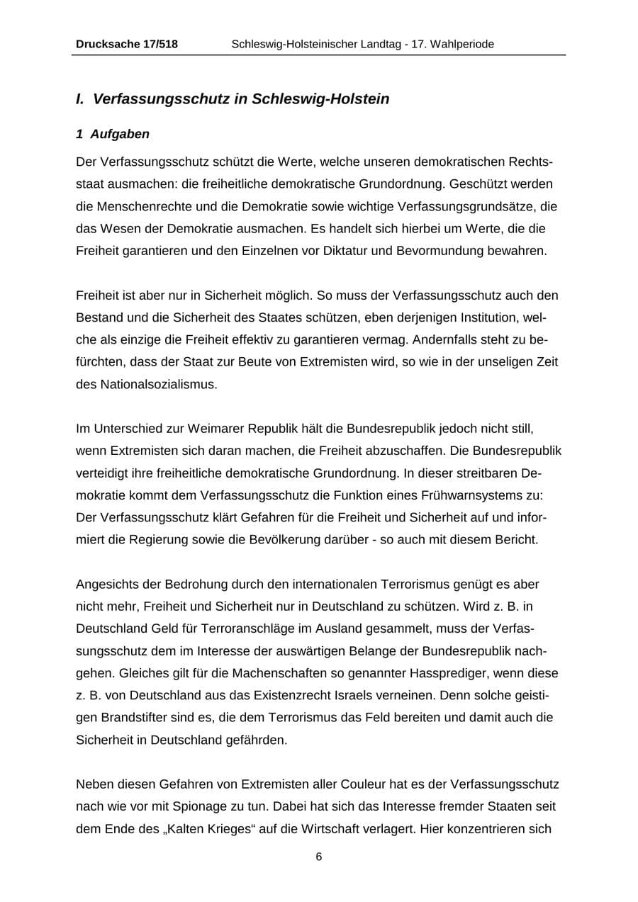 Seite 6 des Verfassungsschutzbericht 2009 Schleswig-Holstein